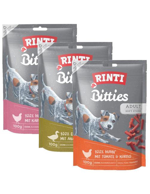 Rinti 3 Sorten Bitties Adult Soft Sticks Huhn mit Karotte Huhn mit Tomate Ente mit Ananas
